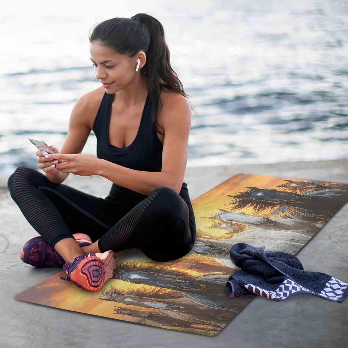 Horses Wading in Water Yoga Mat for Home Workout Fitness Mat for Women Non Slip Exercise Mats with Storage Bag