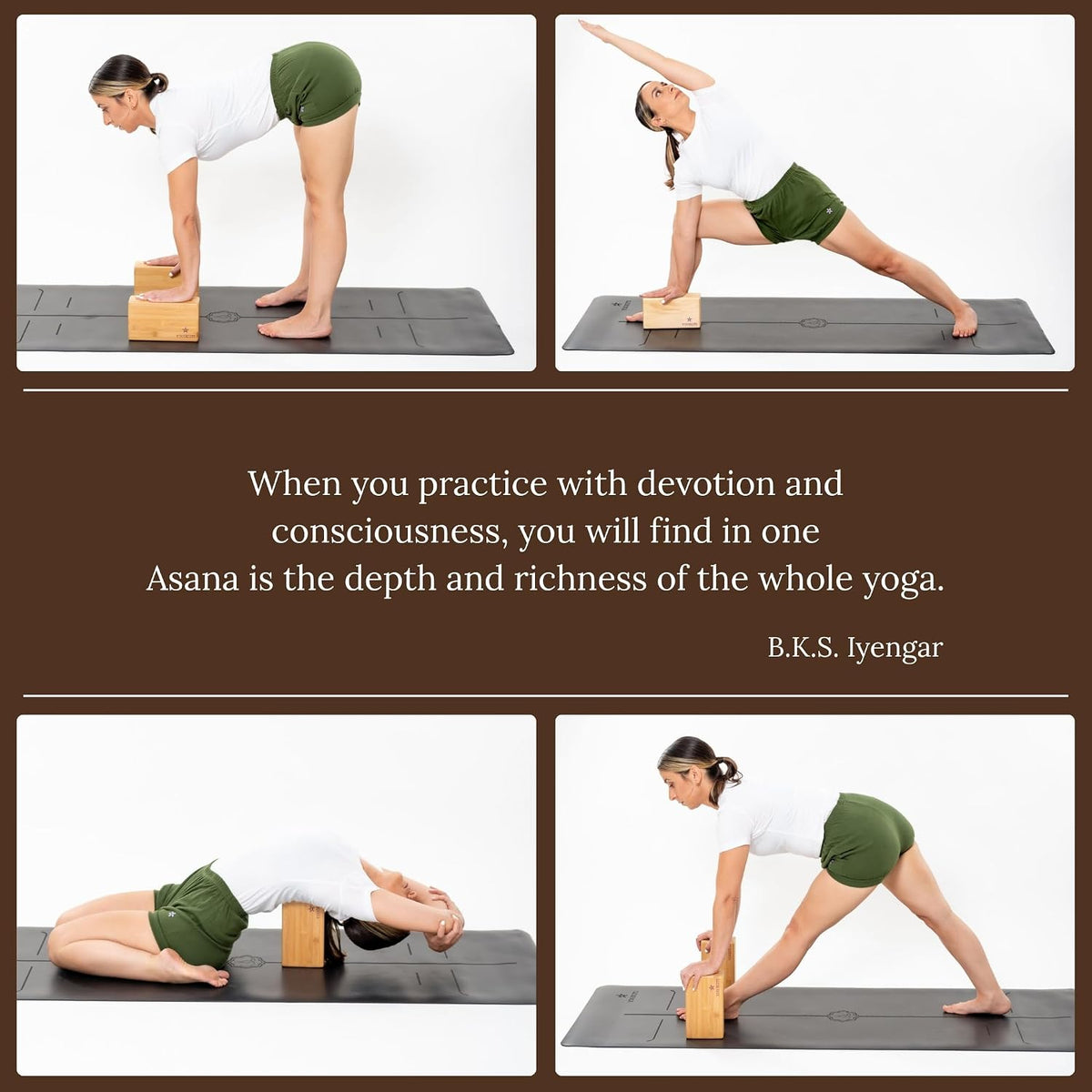 Bamboo Yoga Block Set of 4 – Premium Wooden Support Block for Iyengar Yoga, Pilates and Fitness – Lightweight, Strong & Sustainable