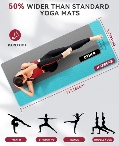HAPBEAR Large Yoga Mat - 72"x36"x6mm (1/4 inch), Extra Wide Non-Slip Exercise Mat for Home Workout, Yoga, Pilates & Stretching, Durable, Includes Carry Bag
