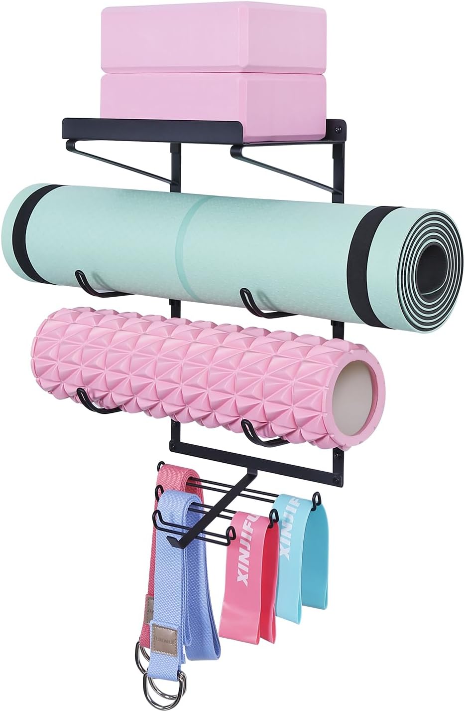 Yoga Mat Holder Wall Mount Storage Shelf Black & Hooks for Resistance Bands