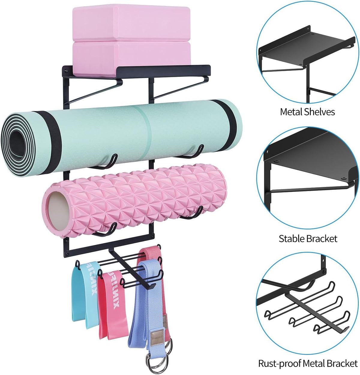 Yoga Mat Holder Wall Mount Storage Shelf Black & Hooks for Resistance Bands
