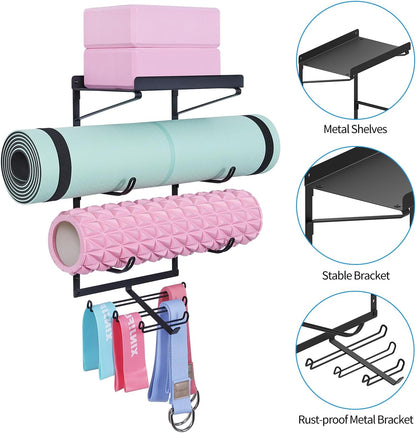 Yoga Mat Holder Wall Mount Storage Shelf Black & Hooks for Resistance Bands