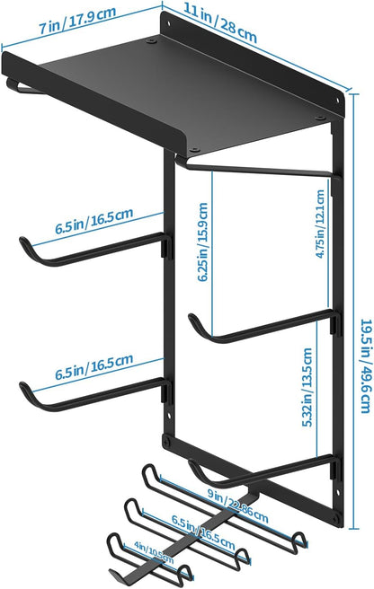 Yoga Mat Holder Wall Mount Storage Shelf Black & Hooks for Resistance Bands