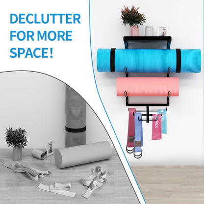 Yoga Mat Holder Wall Mount Storage Shelf Black & Hooks for Resistance Bands