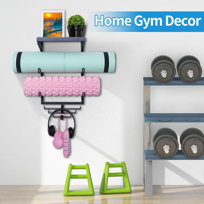 Yoga Mat Holder Wall Mount Storage Shelf Black & Hooks for Resistance Bands