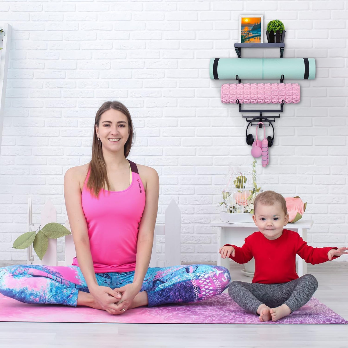 Yoga Mat Holder Wall Mount Storage Shelf Black & Hooks for Resistance Bands