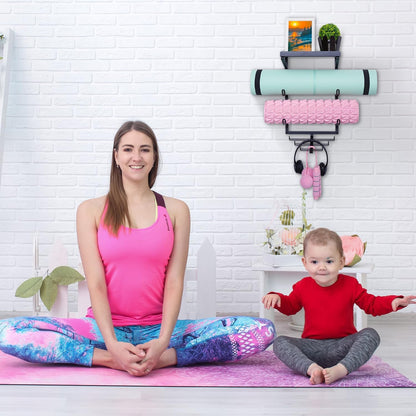 Yoga Mat Holder Wall Mount Storage Shelf Black & Hooks for Resistance Bands