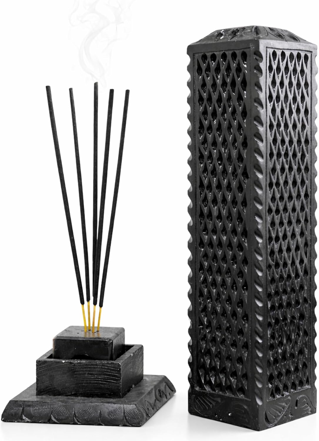 Handmade Marble Black Soapstone Incense Burner, 3x3x11 in