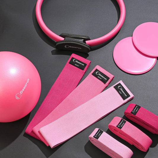 Pilates Ring Set Exercise Equipment, with Exercise Resistance Bands Set, Pilates Ball, Sliding Disks. Portable Home Gym - with Fitness Guide Poster