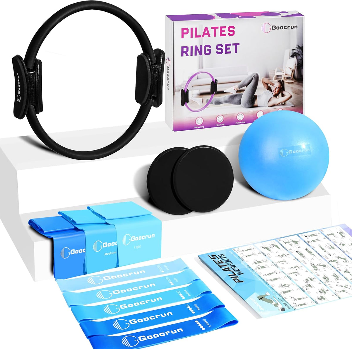 Pilates Ring Set Exercise Equipment, with Exercise Resistance Bands Set, Pilates Ball, Sliding Disks. Portable Home Gym - with Fitness Guide Poster