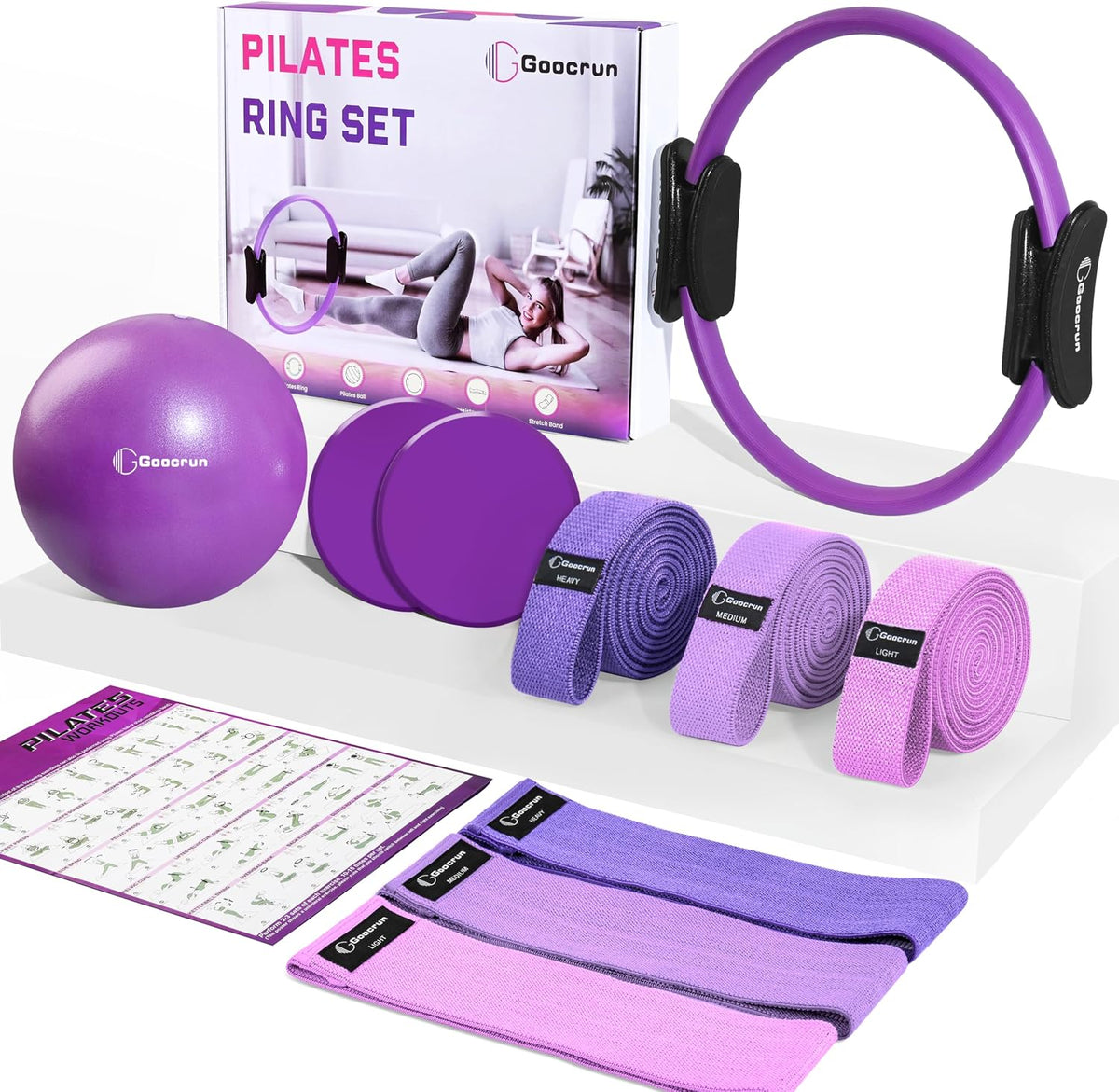 Pilates Ring Set Exercise Equipment, with Exercise Resistance Bands Set, Pilates Ball, Sliding Disks. Portable Home Gym - with Fitness Guide Poster