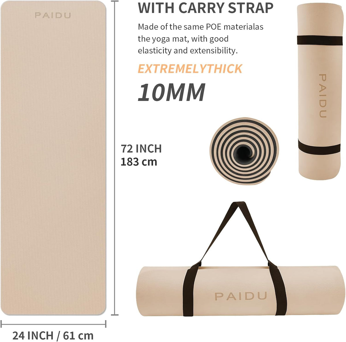 POE Yoga Mat （10mm）Extra Thick Fitness Mat 72"x24" with Carry Strap