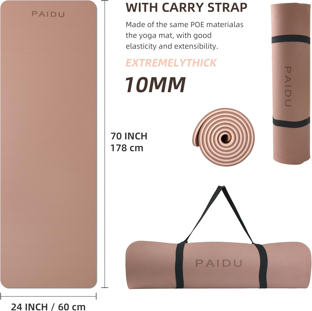 POE Yoga Mat （10mm）Extra Thick Fitness Mat 72"x24" with Carry Strap