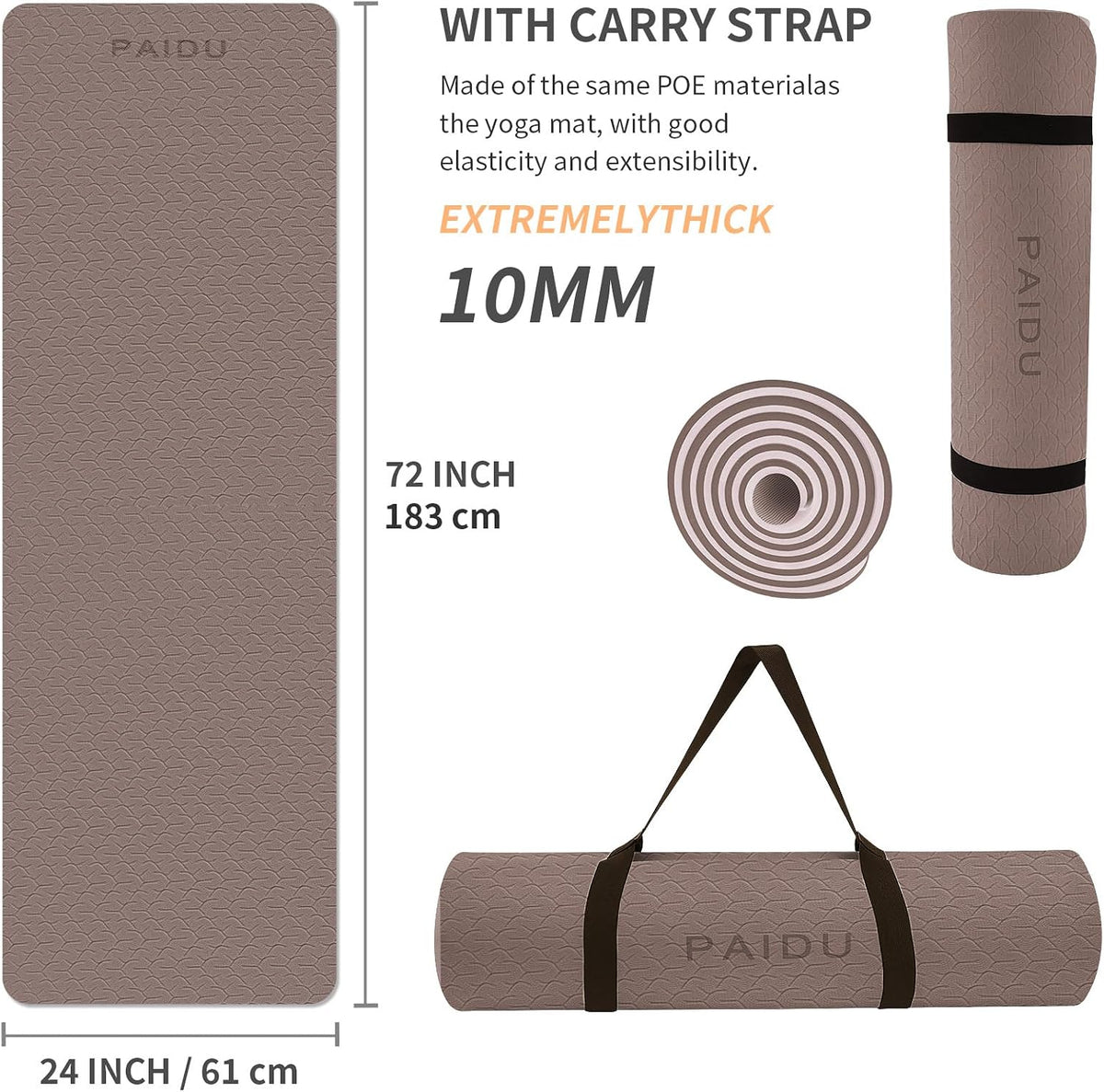 POE Yoga Mat （10mm）Extra Thick Fitness Mat 72"x24" with Carry Strap