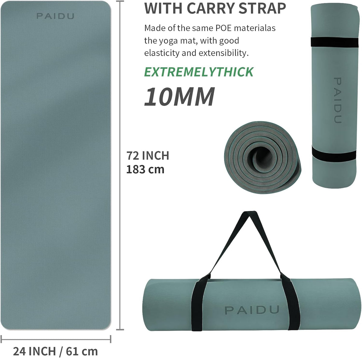 POE Yoga Mat （10mm）Extra Thick Fitness Mat 72"x24" with Carry Strap