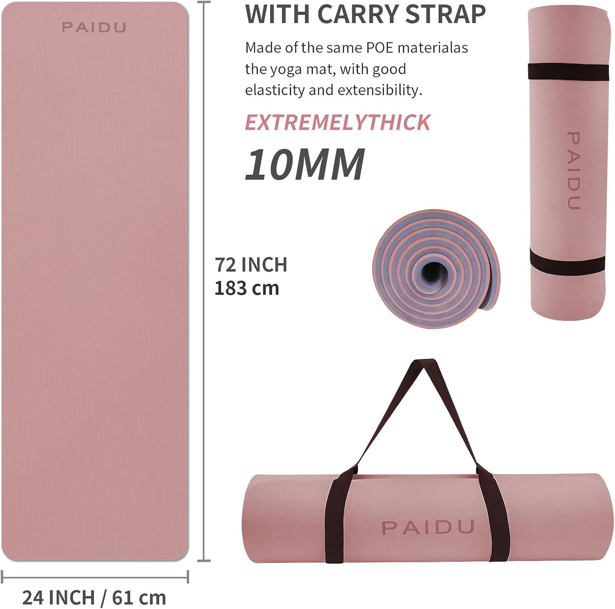 POE Yoga Mat （10mm）Extra Thick Fitness Mat 72"x24" with Carry Strap