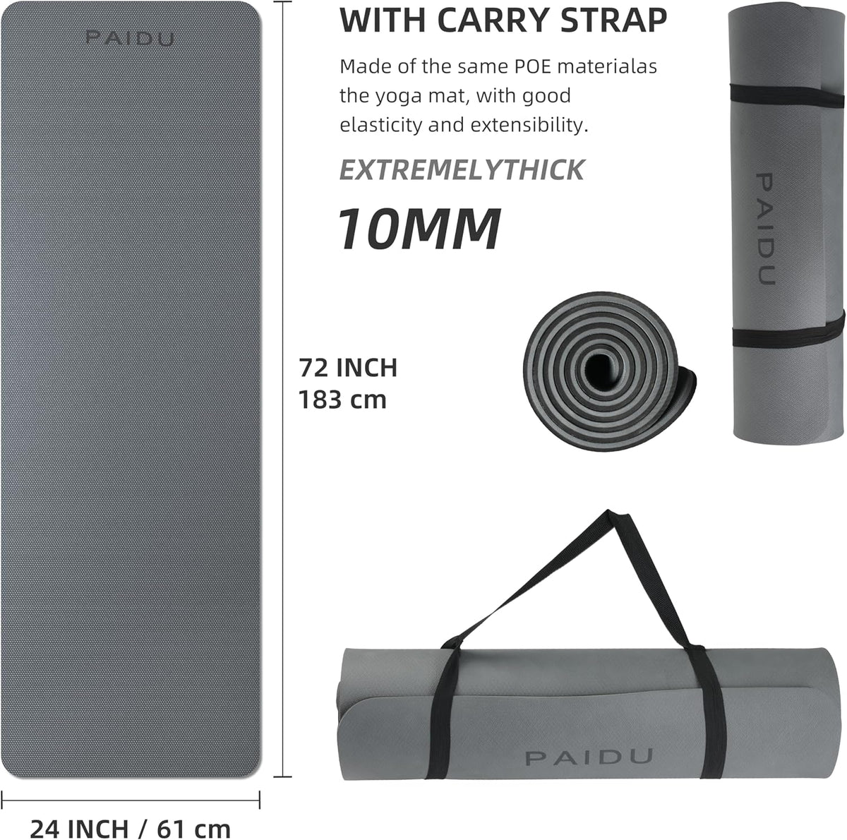 POE Yoga Mat （10mm）Extra Thick Fitness Mat 72"x24" with Carry Strap