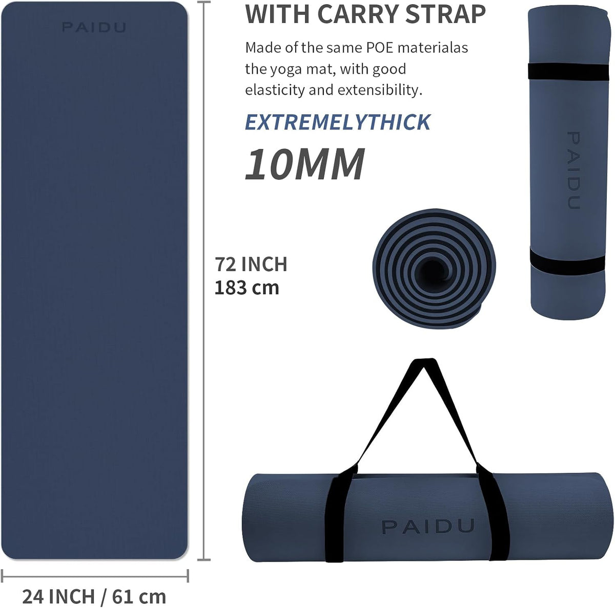 POE Yoga Mat （10mm）Extra Thick Fitness Mat 72"x24" with Carry Strap