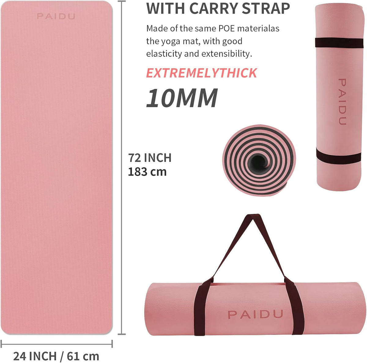 POE Yoga Mat （10mm）Extra Thick Fitness Mat 72"x24" with Carry Strap