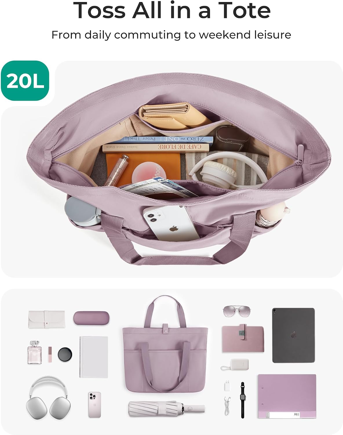 Tote Bag for Women, Foldable Tote Bag With Zipper Travel Shoulder Bag Handbag for Work