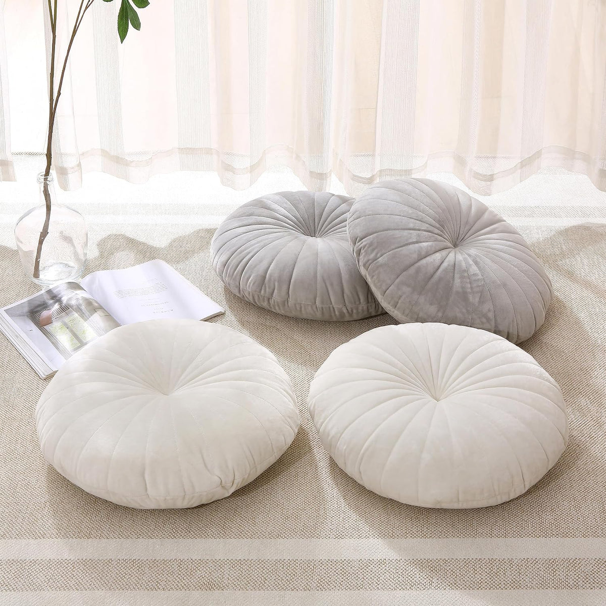 Floor Pillow Meditation Cushion Round Large Floor Pillows Seating for Adults, Velvet Thick Floor Cushions for Yoga Living Room Balcony Outdoor Tatami 18inches（Beige）