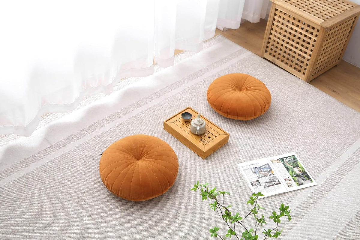 Floor Pillow Meditation Cushion Round Large Floor Pillows Seating for Adults, Velvet Thick Floor Cushions for Yoga Living Room Balcony Outdoor Tatami 18inches（Beige）