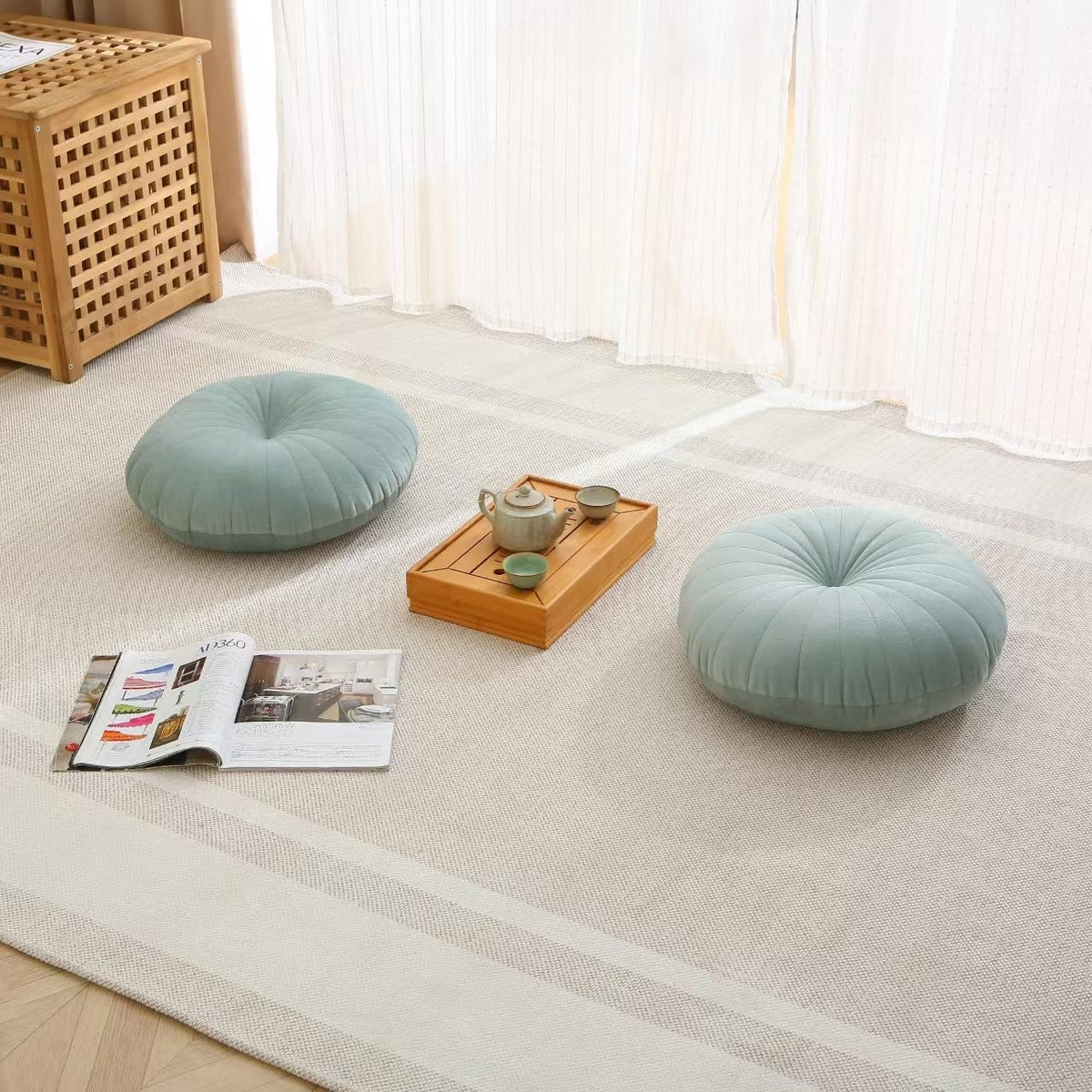 Floor Pillow Meditation Cushion Round Large Floor Pillows Seating for Adults, Velvet Thick Floor Cushions for Yoga Living Room Balcony Outdoor Tatami 18inches（Beige）