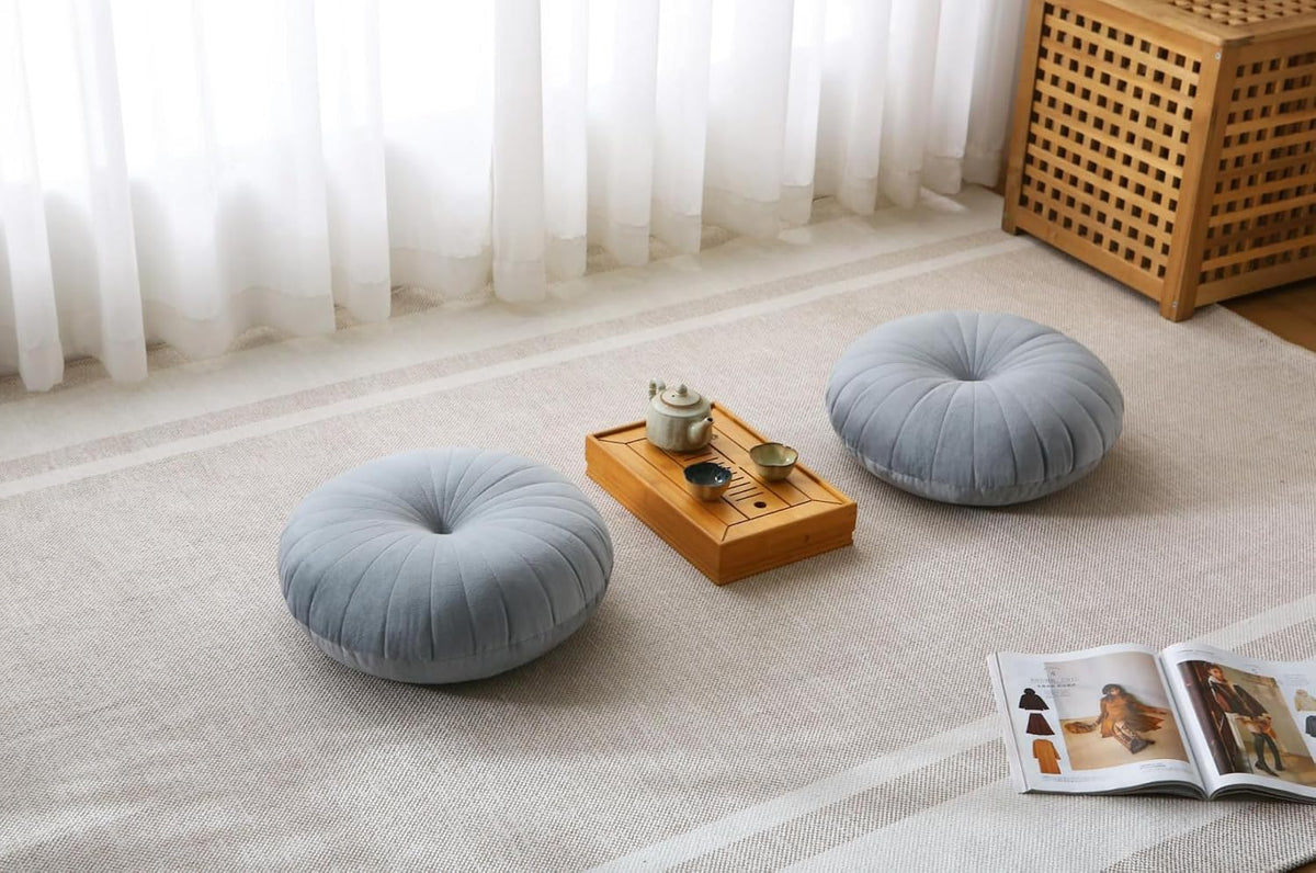 Floor Pillow Meditation Cushion Round Large Floor Pillows Seating for Adults, Velvet Thick Floor Cushions for Yoga Living Room Balcony Outdoor Tatami 18inches（Beige）