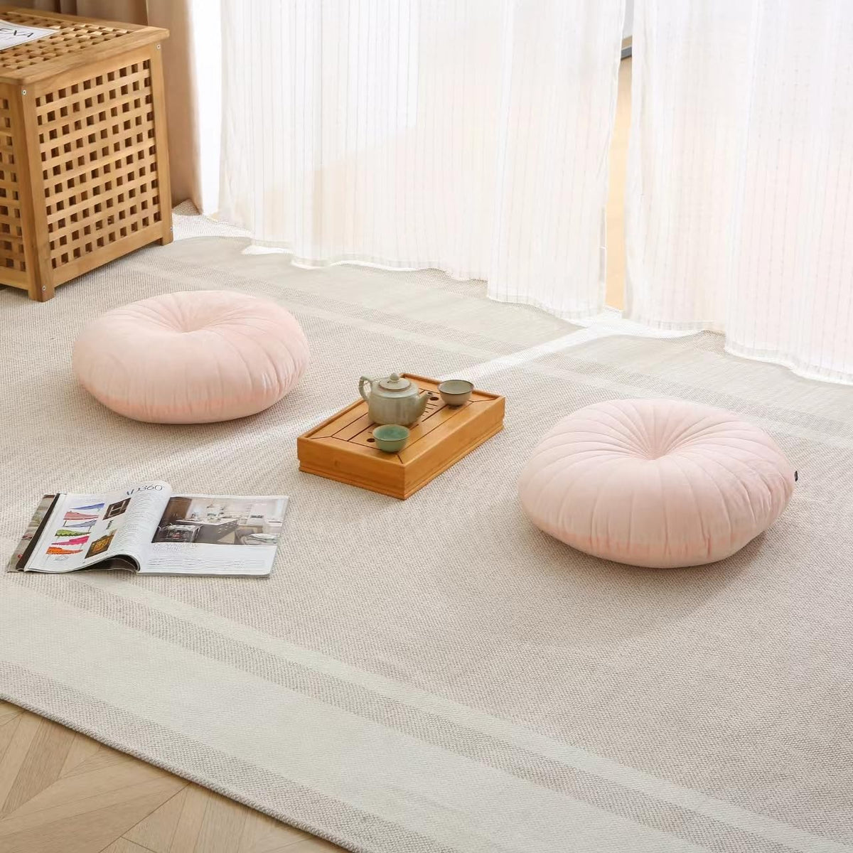 Floor Pillow Meditation Cushion Round Large Floor Pillows Seating for Adults, Velvet Thick Floor Cushions for Yoga Living Room Balcony Outdoor Tatami 18inches（Beige）