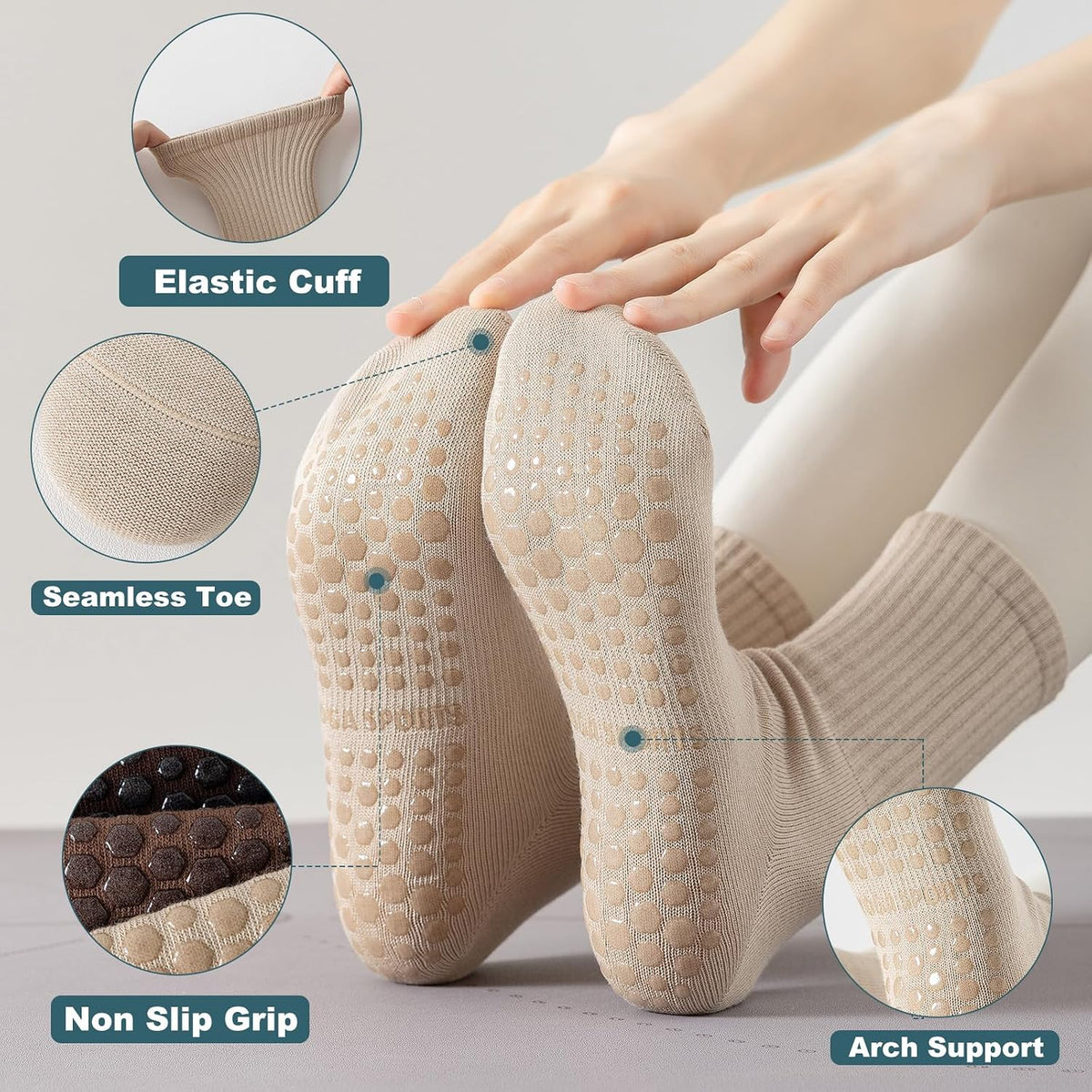 Pilates Socks with Grips for Women, 3 Pairs Womens Grippy Socks