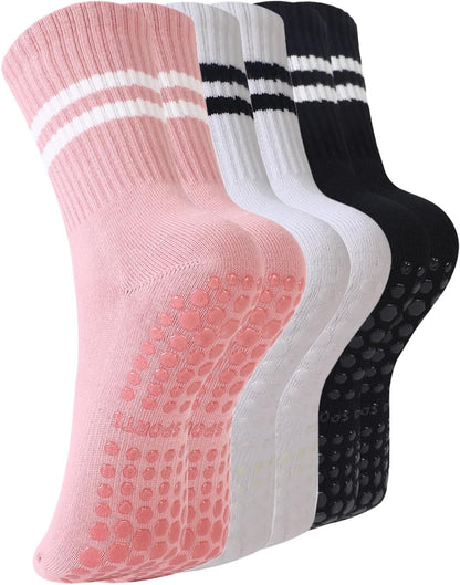 Pilates Socks with Grips for Women, 3 Pairs Womens Grippy Socks