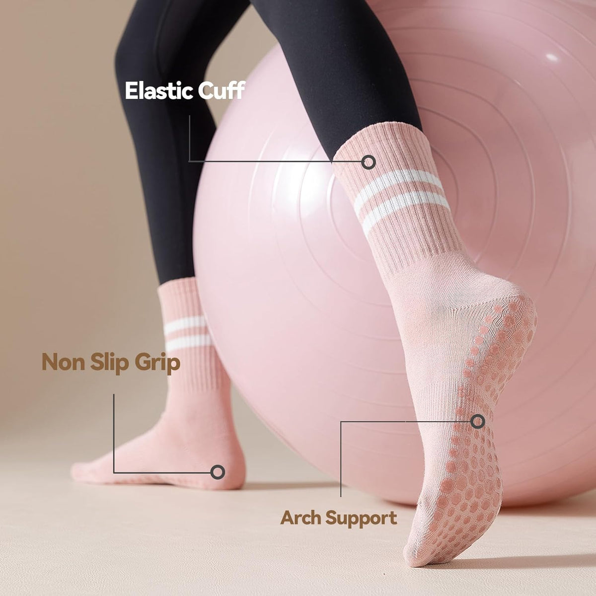 Pilates Socks with Grips for Women, 3 Pairs Womens Grippy Socks