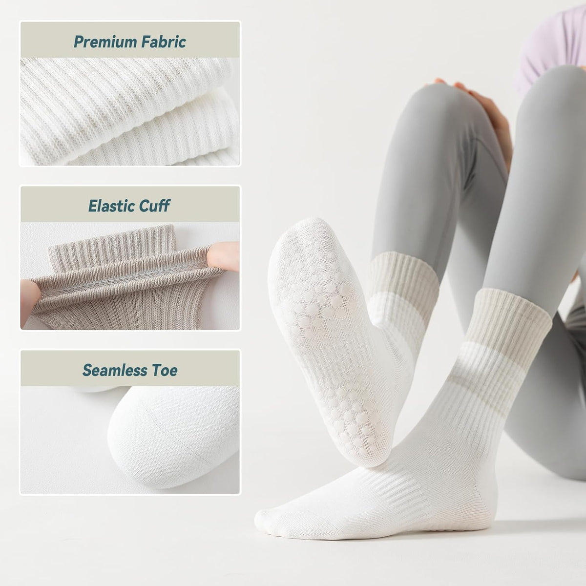 Pilates Socks with Grips for Women, 3 Pairs Womens Grippy Socks
