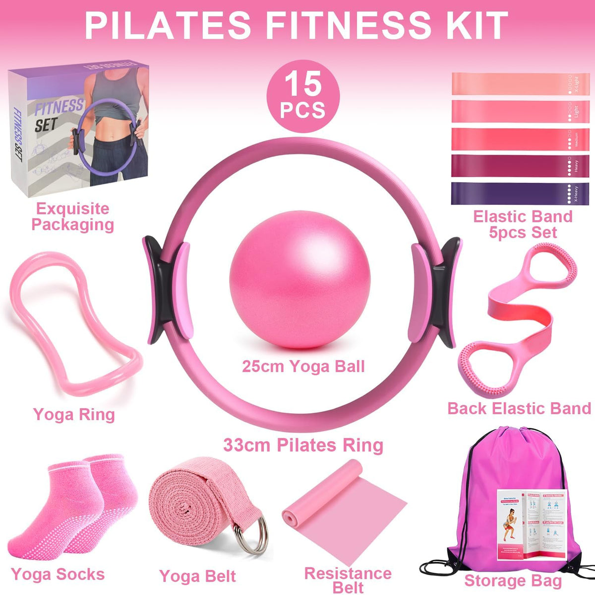 Pilates Ring Equipment Set, Home Pilates Kit for Women with 13’’ Magic Ring with Dual Padded Handles, Small Pilates Ball, 5 Resistance Bands & Complete Fitness Guide, Pilates Essential Accessories