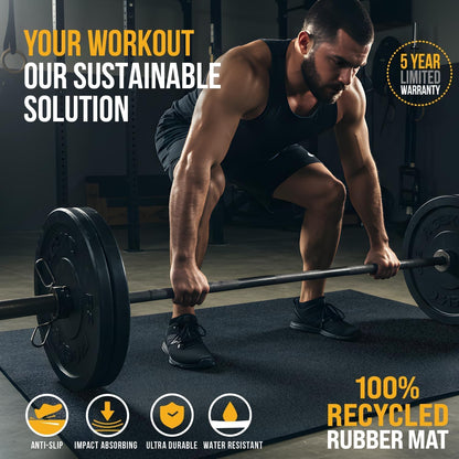 Multi-Purpose Exercise Mat - 100% Recycled Thick Rubber Mat for Home Gym Flooring, Non-Slip, Low-Odor Durable Workout Mat for Indoor/Outdoor, Shoe-Friendly