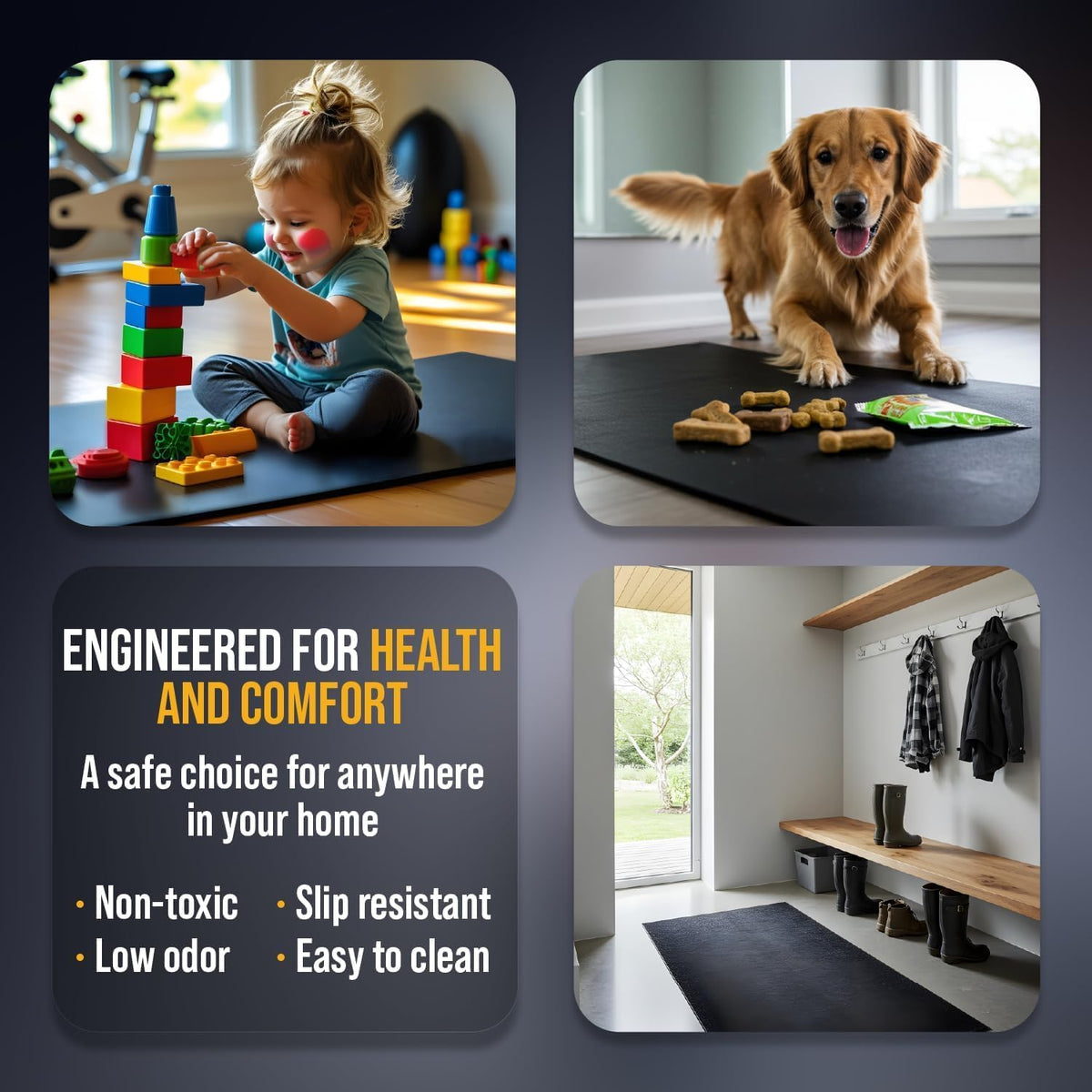 Multi-Purpose Exercise Mat - 100% Recycled Thick Rubber Mat for Home Gym Flooring, Non-Slip, Low-Odor Durable Workout Mat for Indoor/Outdoor, Shoe-Friendly