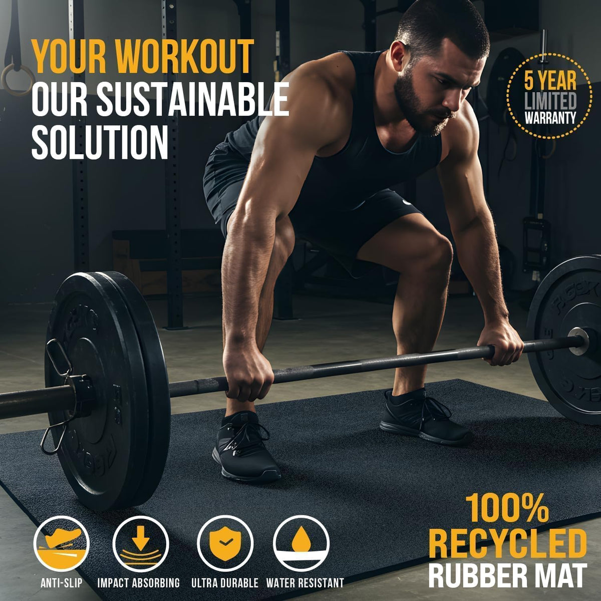 Multi-Purpose Exercise Mat - 100% Recycled Thick Rubber Mat for Home Gym Flooring, Non-Slip, Low-Odor Durable Workout Mat for Indoor/Outdoor, Shoe-Friendly