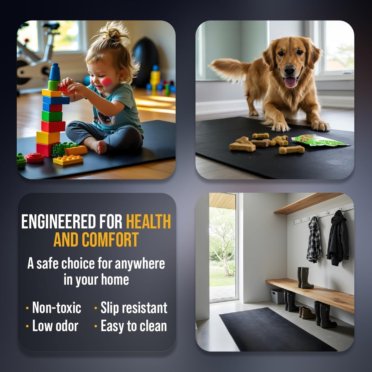 Multi-Purpose Exercise Mat - 100% Recycled Thick Rubber Mat for Home Gym Flooring, Non-Slip, Low-Odor Durable Workout Mat for Indoor/Outdoor, Shoe-Friendly