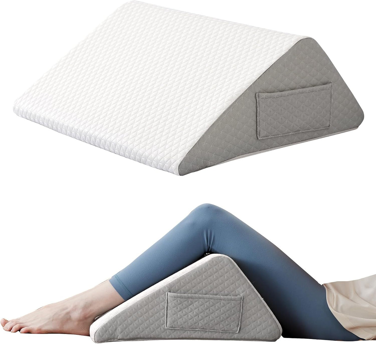 Knee Pillow for Back Sleeping, 8” Knee Wedge Pillow to Elevate Knee, Leg Pillow for Back Pain Relief, Triangle Pillow, Leg Elevation Pillows for After Surgery, Blood Circulation, White/Grey