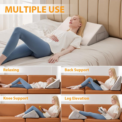 Knee Pillow for Back Sleeping, 8” Knee Wedge Pillow to Elevate Knee, Leg Pillow for Back Pain Relief, Triangle Pillow, Leg Elevation Pillows for After Surgery, Blood Circulation, White/Grey