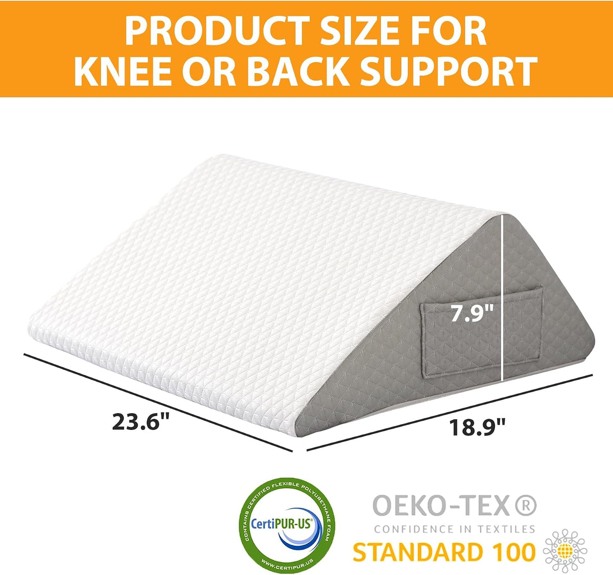 Knee Pillow for Back Sleeping, 8” Knee Wedge Pillow to Elevate Knee, Leg Pillow for Back Pain Relief, Triangle Pillow, Leg Elevation Pillows for After Surgery, Blood Circulation, White/Grey