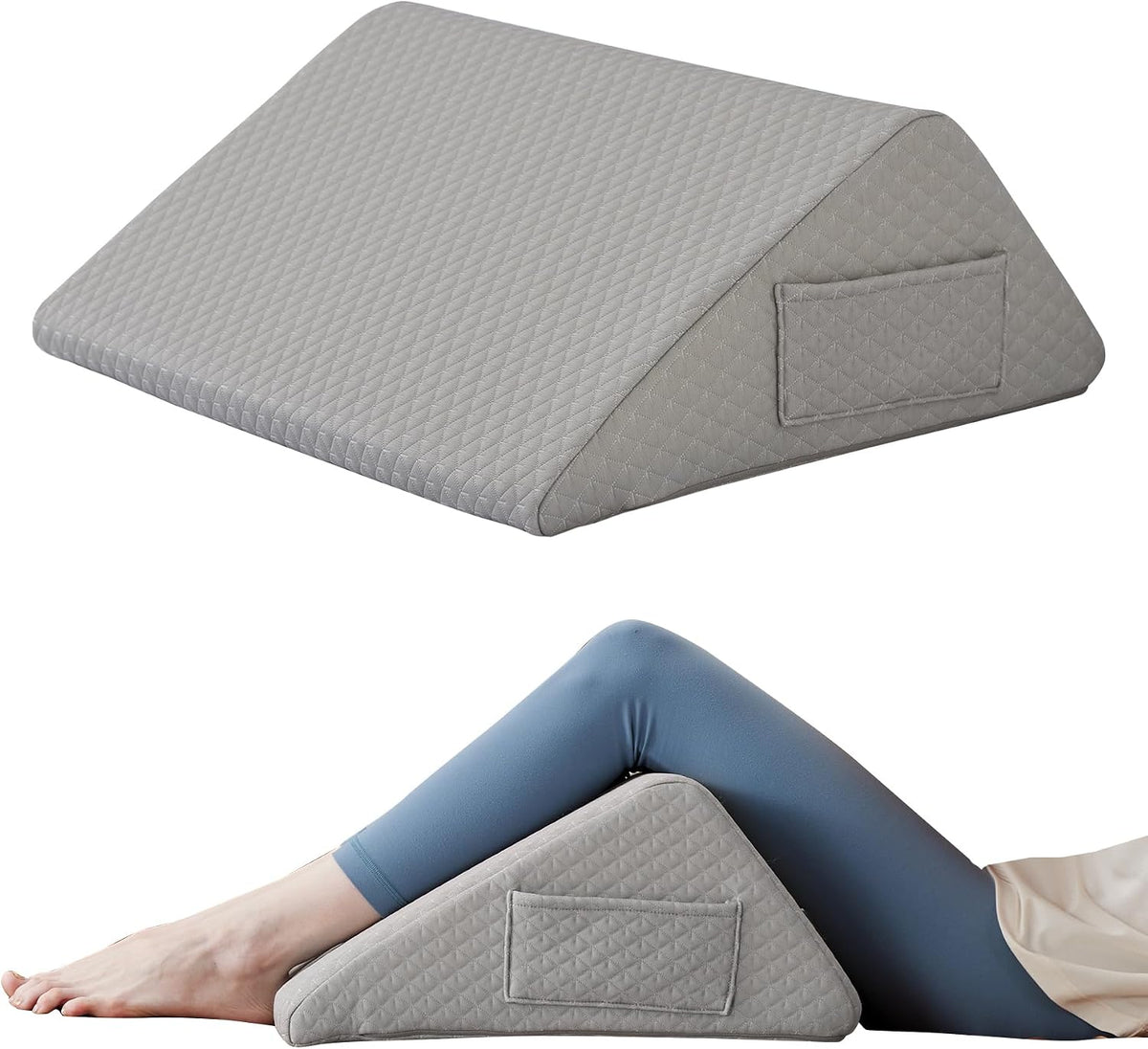 Knee Pillow for Back Sleeping, 8” Knee Wedge Pillow to Elevate Knee, Leg Pillow for Back Pain Relief, Triangle Pillow, Leg Elevation Pillows for After Surgery, Blood Circulation, White/Grey