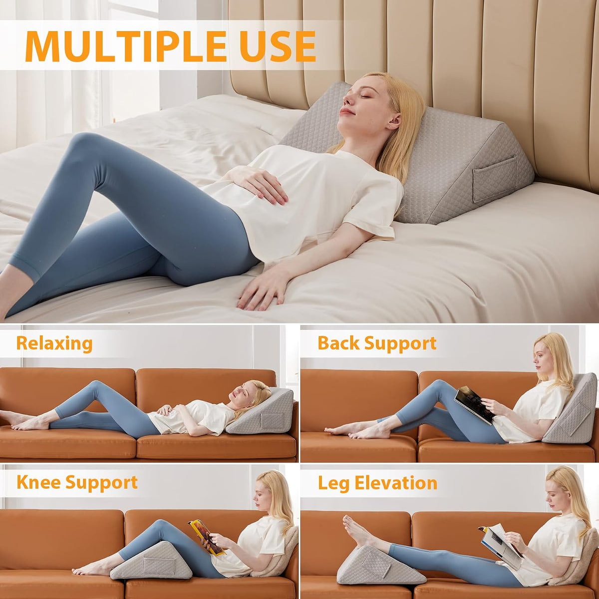 Knee Pillow for Back Sleeping, 8” Knee Wedge Pillow to Elevate Knee, Leg Pillow for Back Pain Relief, Triangle Pillow, Leg Elevation Pillows for After Surgery, Blood Circulation, White/Grey