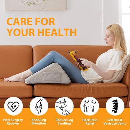 Knee Pillow for Back Sleeping, 8” Knee Wedge Pillow to Elevate Knee, Leg Pillow for Back Pain Relief, Triangle Pillow, Leg Elevation Pillows for After Surgery, Blood Circulation, White/Grey