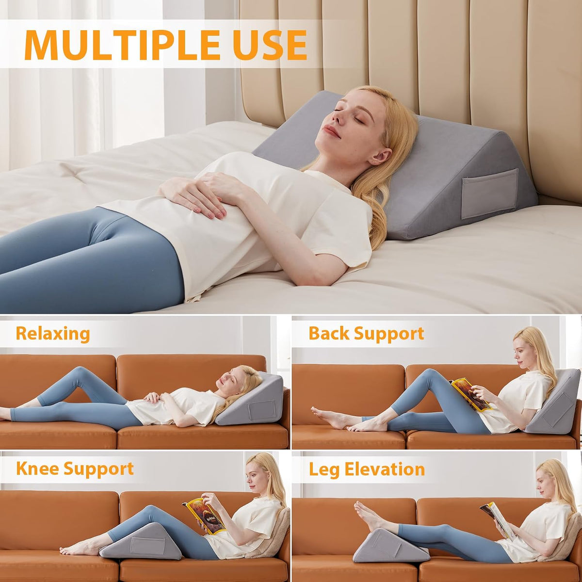 Knee Pillow for Back Sleeping, 8” Knee Wedge Pillow to Elevate Knee, Leg Pillow for Back Pain Relief, Triangle Pillow, Leg Elevation Pillows for After Surgery, Blood Circulation, White/Grey