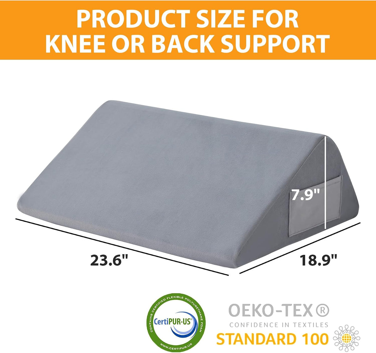 Knee Pillow for Back Sleeping, 8” Knee Wedge Pillow to Elevate Knee, Leg Pillow for Back Pain Relief, Triangle Pillow, Leg Elevation Pillows for After Surgery, Blood Circulation, White/Grey