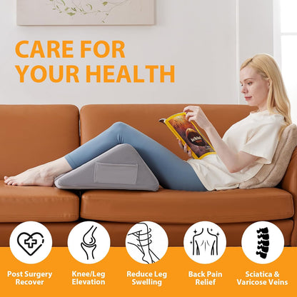 Knee Pillow for Back Sleeping, 8” Knee Wedge Pillow to Elevate Knee, Leg Pillow for Back Pain Relief, Triangle Pillow, Leg Elevation Pillows for After Surgery, Blood Circulation, White/Grey