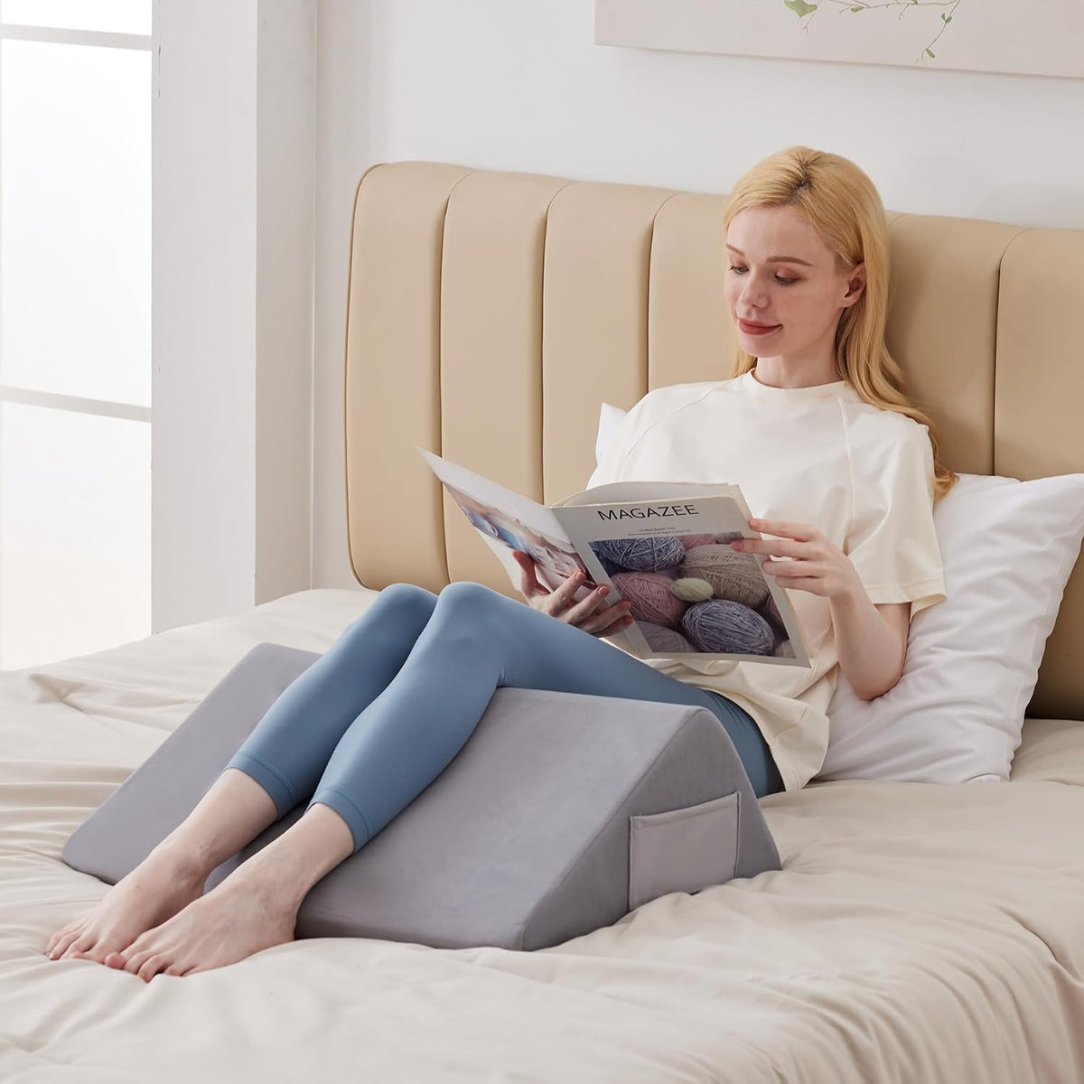Knee Pillow for Back Sleeping, 8” Knee Wedge Pillow to Elevate Knee, Leg Pillow for Back Pain Relief, Triangle Pillow, Leg Elevation Pillows for After Surgery, Blood Circulation, White/Grey
