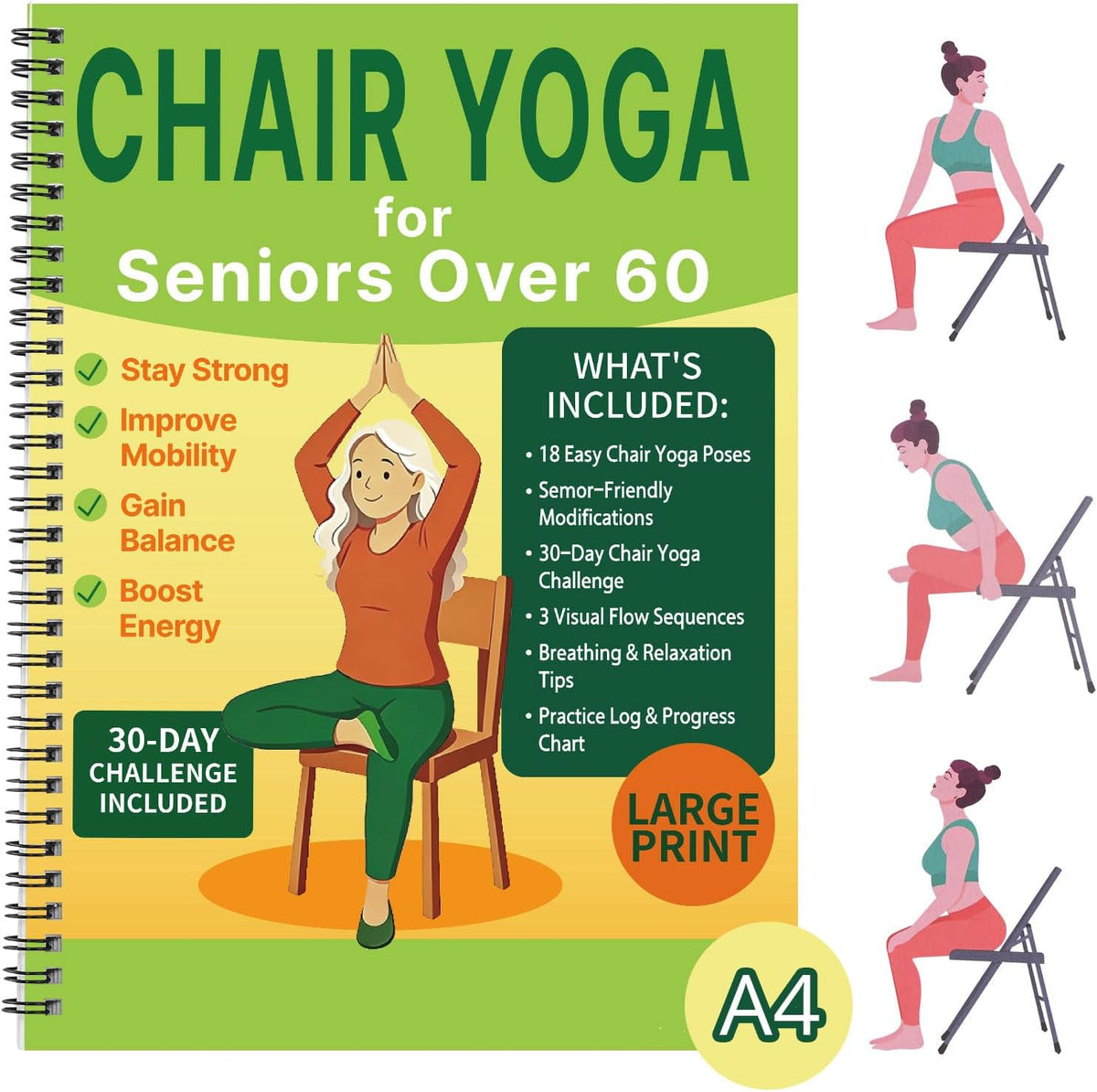 Chair Yoga for Seniors Over 60 Book & Chart, Gentle Seated Chair Yoga Guide, 30-Day Challenge for Flexibility & Balance, A4 Size Easy to Follow Chair Yoga Routine for Older Adults