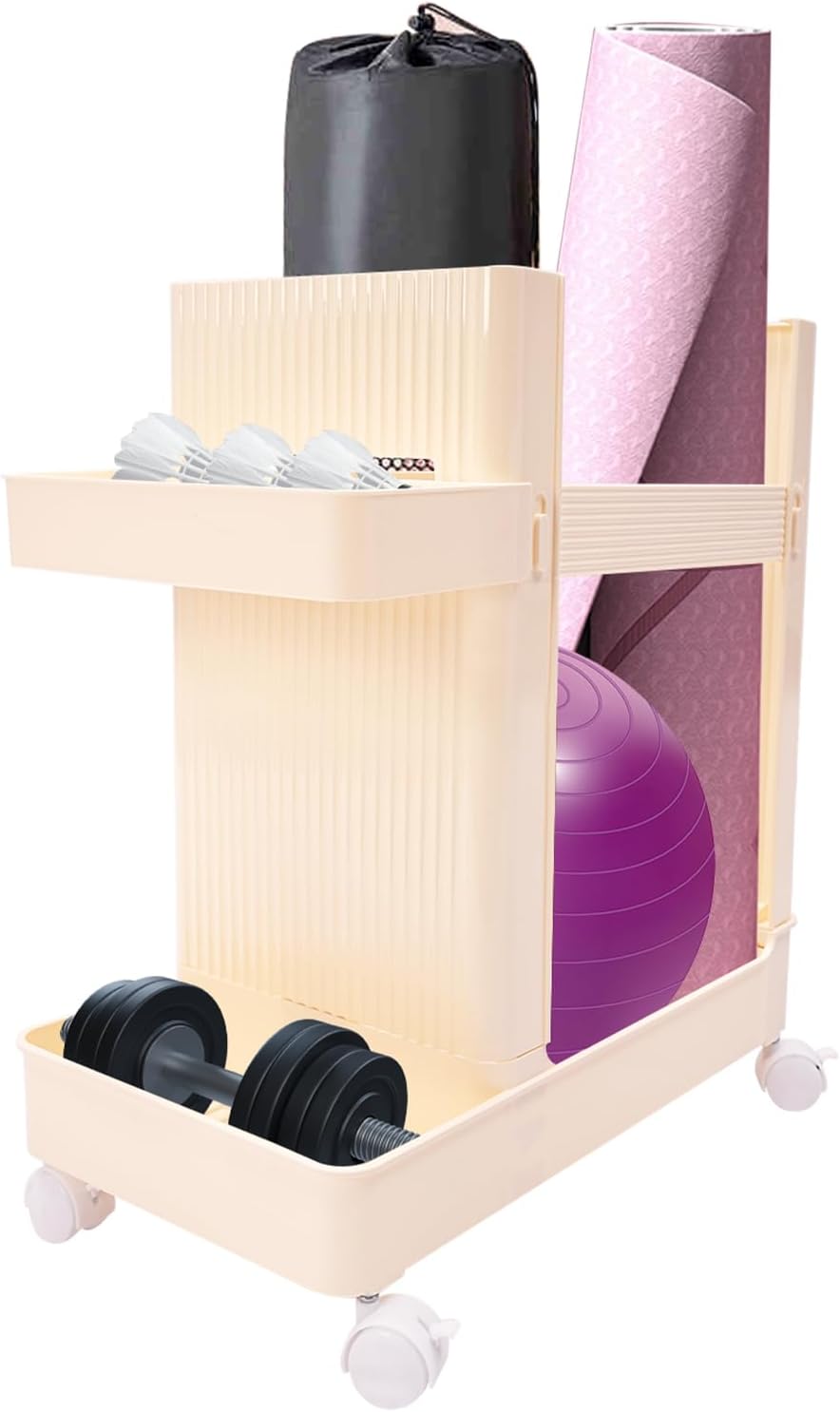 Workout Equipment Storage Cart, Floor Standing Multifunctional Fitness Gear Organizer Rack with Wheels for Home Gym, Yoga Studio, Gray